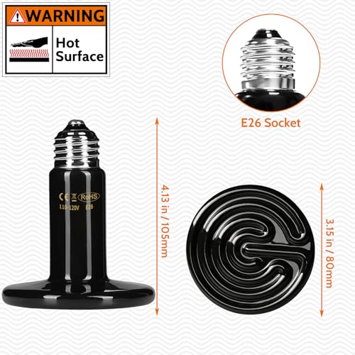 75W Ceramic Heat Emitter - No Light Reptile Heat Lamp for Lizards, Amphibians, Chickens, Dogs, Cats - Ideal for Aquariums and Pet Brooder Coop Heating - Black - size: 75 Watts