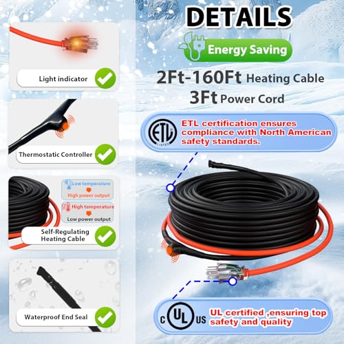 HEATIT 80ft Pipe Heat Tape Self-Regulating Heating Cable for Water Pipes | Built-in thermostat on at 3°C (37°F), off at 10°C (50°F), ETL certified heating cable for pipe freeze protection. - style: 80 ft