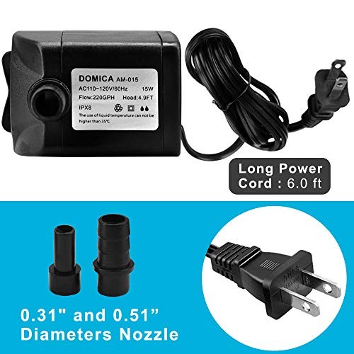 DOMICA 220GPH Ultra Quiet Fountain Pump (15W 800L/H), Small Submersible Pump for Pond, Water Feature, Aquariums, Fish Tanks, Hydroponics, Indoor or Outdoor Fountain (AC Powered)