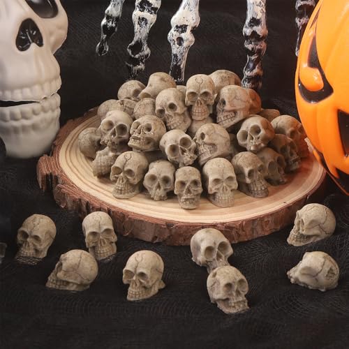 Vellibring 50pcs Halloween Mini Skull Decoration,Miniature Realistic Resin Skeleton Head Halloween Skull Heads Figurine for Vase Filler Trick Toy Party Table Decor