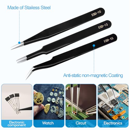 YHYZ 9PCS Precision Tweezers Set, Premium Anti-Static Stainless Steel Precise Tweezers (Fine, Curved, Flat), for Craft, Electronic, Soldering, Model, Hobby, Jewelry Making, Laboratory - style: 9pcs with case, V1
