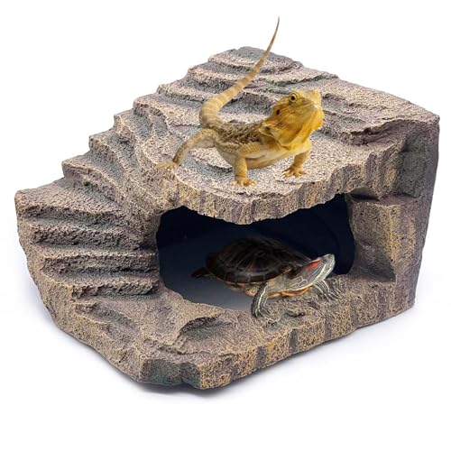 kathson Large Turtles Basking Platform,Resin Reptile Hideouts Cave Habitat Decor,Tortoise Hide Cave with Climbing Ramp Step,Bearded Dragons Hide Basking Rocks Accessories for Lizard,Gecko,Frog