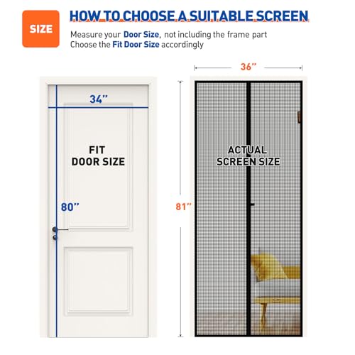 MAGZO Magnetic Screen Door Fits Door Size 34" x 80", 36" x 81" Hands-Free Mesh with Strong Magnet & Windproof Fastener, Pet Friendly Screen for Double Entrance, Black - size: Fit Door Size 34 x 80 Inch