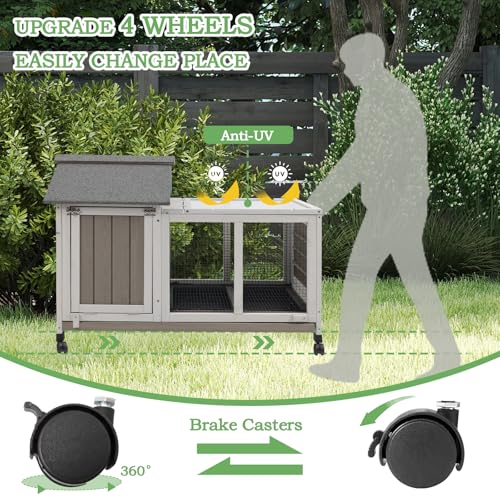 Gowoodhut 76.38"L Rabbit Hutch Indoor and Outdoor with 8 Wheels,Wooden Rabbit Cage with Pull Out Leak-Proof Tray for 2-4 Rabbits,Bunny Hutch with Asphalt Roof Suitable for Garden,Park,Living Room,Grey - size: PET30-DOUBLE