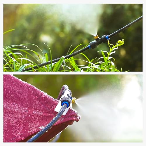 HOMENOTE Misting Cooling System, 98FT(30M) Pre-Assembled Kit with 27 Brass Nozzles & 3/4" Brass Adapter, Cooling Mister for Patio, Backyard, Pets, Garden & Greenhouse - size: 98FT / 30M