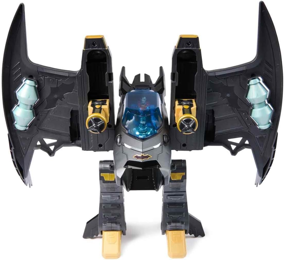 DC Comics, Metal Force Transforming Batwing, 2-in-1 Playset, Includes Batman and Superman Figures, with Projectiles and Character Cards, Kids Toy for Boys Ages 4 and Up