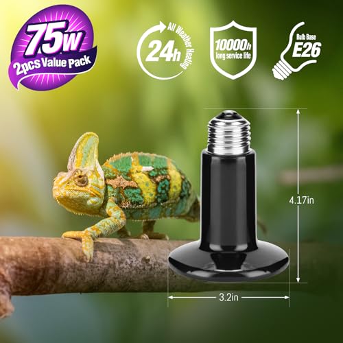 Leoterra 75W Ceramic Heat Emitter, Reptile Heat Lamp Bulb for 20-40 Gallons Bearded Dragon Tank & Turtle Terrarium, All-Purpose No-Light Night Heating for Lizards, Snakes, Chameleons (2-Pack) - style: 75 watt