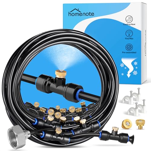 HOMENOTE Misting Cooling System, 98FT(30M) Pre-Assembled Kit with 27 Brass Nozzles & 3/4" Brass Adapter, Cooling Mister for Patio, Backyard, Pets, Garden & Greenhouse - size: 98FT / 30M