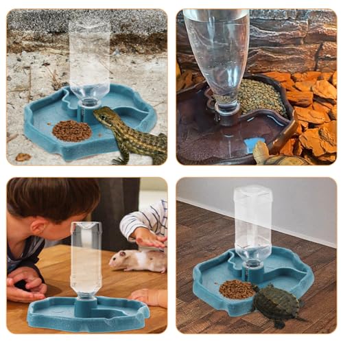 Automatic Reptile Water Feeder and Pet Food Dish Set, Turtle and Lizard Water Bowl with Reservoir, Blue and Brown Reptile Drinking Bowl for Tortoise and Bearded Dragon Terrariums
