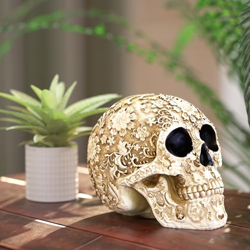 READAEER Life Size Skull Resin Floral Human Skull Model Adult Head Bone Model Day of The Dead Décor - style: Floral