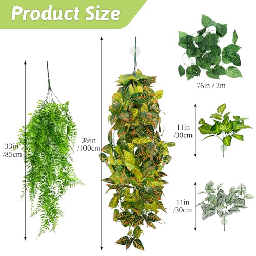 Hamiledyi 5 Pcs Reptile Plants Terrarium Hanging Fake Plant Leaves and Extra Large Tortoise Hide Reptile Hiding Cave Turtle Hut for Adult Bearded Dragon Snake Chameleon