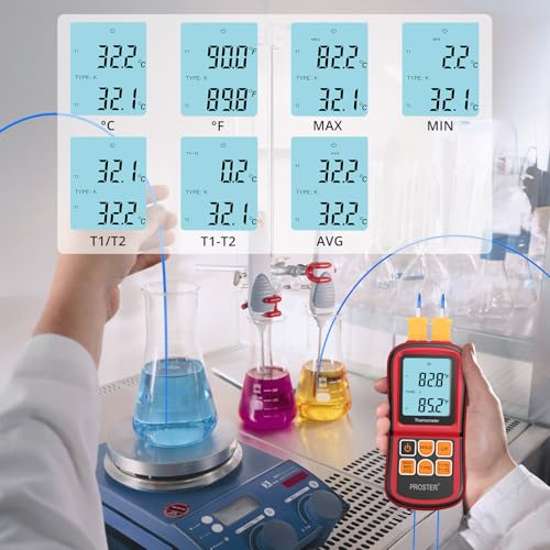 Proster Digital Thermocouple Temperature Thermometer Dual Channel - with Two K-Type Thermocouple Probe, Backlight LCD Thermometer for K J T E R S N Type