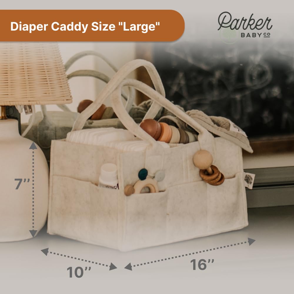 Parker Baby Co. Felt Diaper Caddy Organizer - Large, White | Portable nursery storage bin for diapers, wipes, bottles & baby essentials for home/car. Soft felt, foldable design 13x9x7"