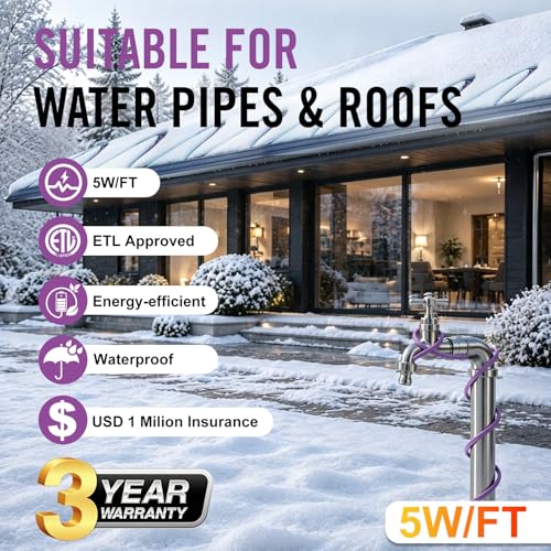 16FT Heat Tape for Water Pipes Roof and Gutters Heating Cable with 6ft Lighted Plug - style: 16 Feet