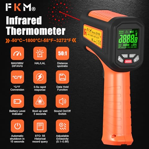 50:1-58°F ~3272°F FKM Infrared Thermometer High Temperature Gun,Non Contact Digital IR Temp Gun,High Precision Laser Thermometer Gun for Cooking,Kilns,Forges,Engine,HVAC,Industrial and Home Repair - color: Orange