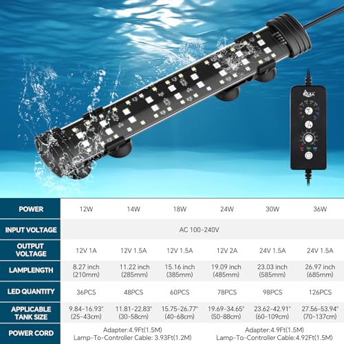 AQQA Submersible LED Aquarium Light, 24/7 Mode Full Spectrum Fish Tank Light, 4 Rows Beads with 9 Colors Choice, IP68 Waterproof Aquarium Plant Light, Adjustable Brightness Timer, 7 Adjustable Angle - size: 8.27In ( For 9.84''-16.93'' Length Fish Tank)