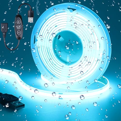 DC 5V USB COB Ice Blue LED Strip Light Dimmable USB Powered 6.6ft/2M IP65 Waterproof 640LEDs with Dimmer High Brightness Flexible LED Tape Lights - color: Ice Blue