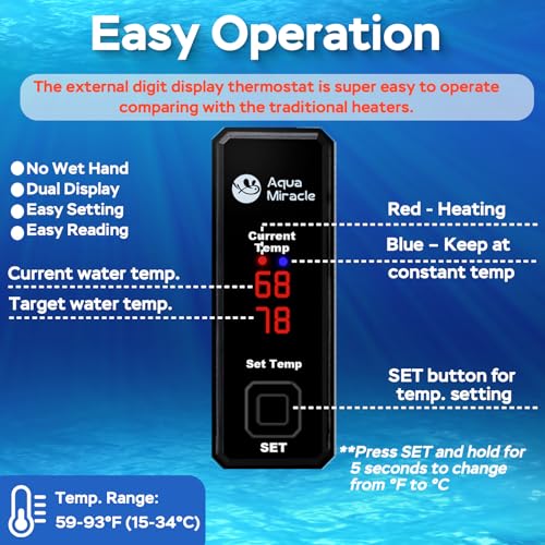 AquaMiracle 50W Small Aquarium Heater Fish Heater, Super Mini Fish Tank Heater Turtle Tank Heater for 5-10 Gal Tanks, with Dual LED Display, Dry-Run/Overheating Protection & Memory Function - size: 5-10 Gal Tanks