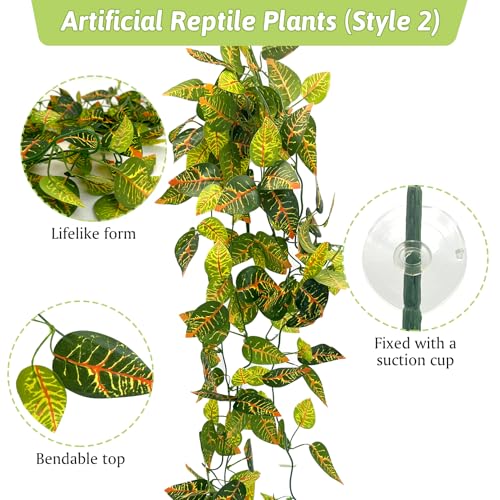 Hamiledyi 5 Pcs Reptile Plants Terrarium Hanging Fake Plant Leaves, Bearded Dragon Tank Accessories, Habitat Decor for Snake Leopard Gecko Lizard Chameleon Spider Turtle (Style 3) - size: 5 PCS - Style 3