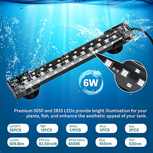 hygger 24/7 Mode Submersible Aquarium LED Light, Full Spectrum Hidden Fish Tank Light with 3 Rows Beads 7 Colors Auto On Off Sunrise-Daylight-Moonlight, Adjustable Timer Brightness - size: 8in 6W