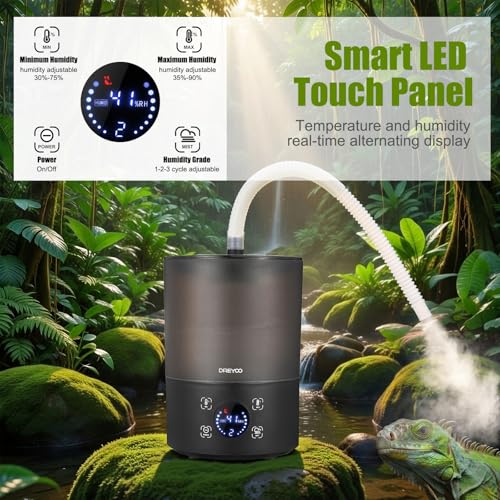 Dreyoo Reptile Fogger Humidifiers with Humidity Control, Top Fill Reptile Mister with Smart Touch LED Display, 3 Mist Levels, Auto Shut Off, Extendable Hose for Crested Frog Gecko Terrarium