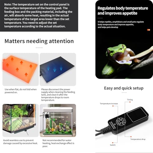 Timeable Temperature-Controlled Reptile Heating Pad, 10-50°C Adjustable, Graphene Chip Rapid Heating, IPX7 Waterproof, Multiple Sizes for Turtles Lizards Frogs，12x78cm/4.7x30.7in (25.5W) - size: 12x78cm/4.7x30.7in (25.5W)