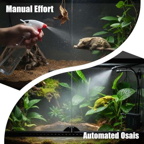 Reptile Terrarium Mister with Dual Nozzles, Timer Controlled Humidifier, Automatic Spray System, 360° Adjustable, Self-Priming