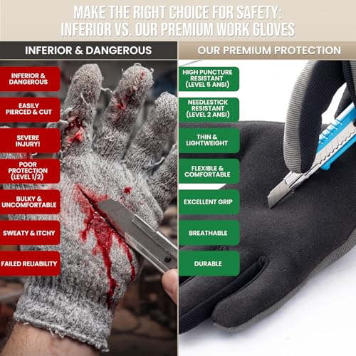 TAILI Level 2 Needlestick, Level 5 Puncture Resistant Work Gloves, Grip Enhanced Cut Resistant Gloves for Gardening, Carving, Fishing, Feather-Light Comfort, Breathable and Touchscreen Compatible, M - size: Medium