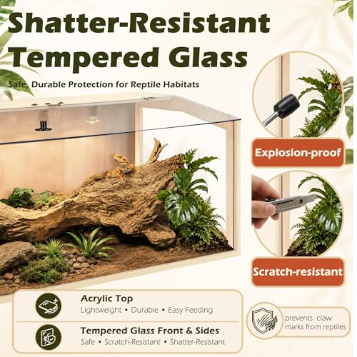 PROLEE Bearded Dragon Tank, Lizard Tank with Clear Tempered Glass, Anti-Scratch Reptile Enclosure, Reptile Tank Built-in Light Fixtures with Switch (40X20X20inch,65 Gallons) - color: Transparent Roof, size: 40X20X20inch,65 Gallons