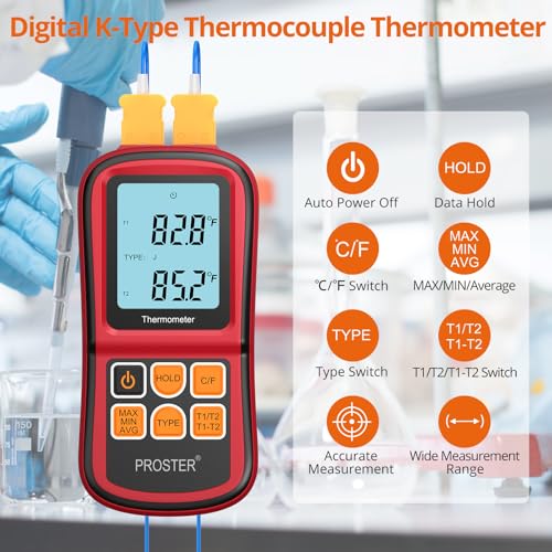 Proster Digital Thermocouple Temperature Thermometer Dual Channel - with Two K-Type Thermocouple Probe, Backlight LCD Thermometer for K J T E R S N Type