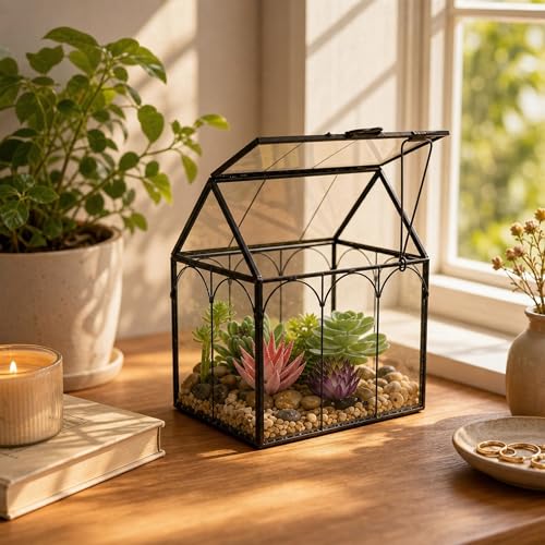 Ferrisland Glass Plant Terrarium Container Wardian Case Indoor Small Succulent Terrarium Planter W/Door for Tabletop Decor DIY (6" L x 4.3" W x 6.3" H) - size: 6" L x 4.3" W x 6.3" H