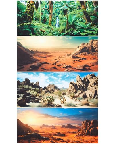 Breling 4 Pcs 48 x 24 Inch Reptile Habitat Background with Nano Glue Gobi Sun Cactus Stone and Green Tree Fern Stream Terrarium Background Polyester Durable Aquarium Accessories - color: Style1, size: 24 x 48 Inch