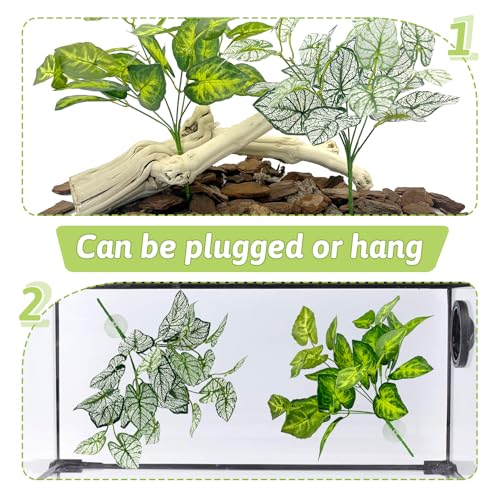 Hamiledyi 5 Pcs Reptile Plants Terrarium Hanging Fake Plant Leaves and Large Driftwood for Reptile Tank 11-16" Natural Bearded Dragon Wood for Ball Python Gecko Lizard Chameleon Iguana