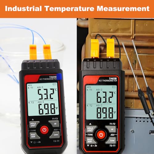 Digital Thermocouple Thermometer Dual-Channel K/J Type Thermometer -328~2501℉ Wide Range Industrial HVAC Temperature Meter with 4PCS of K-Type Thermocouple Probes, Alarm,Temp Conpensation