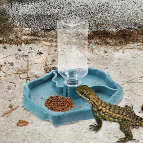 HEMOTON Automatic Reptile Water Feeder and Food Dish Lake Blue with Water Reservoir for Leopard Gecko, Tortoise, Lizard Tank Accessories
