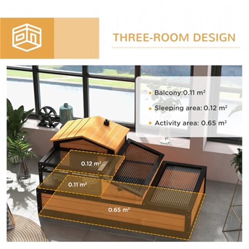 Wooden Turtle House, Small Animal Cage, Small Animal House, Pet Supplies, Mesh Roof, Three Separate Areas, Two Levels, Indoor/Outdoor Use, Openable Roof, Pull-Out Tray, Yellow