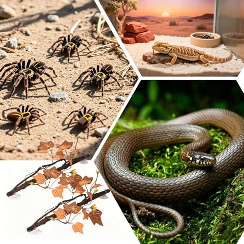 Reptile Tank Branch - 2 Piece Bendable Climbing Vine with Leaves, Suction Cup Artificial Plant Decor, Habitat Accessory | Indoor Reptile Use for Gecko Snake Lizard Frog Bearded Dragon Home