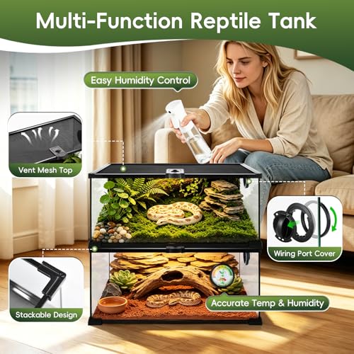 10 Gallon Reptile Terrarium Glass Kit 20" x 12" x 10" Starter Habitat for Tarantula, Succulents, Frogs, Gecko, Snake or Hermit Crabs, Tank with Escape-Proof Locking Lid - size: 10 gallon