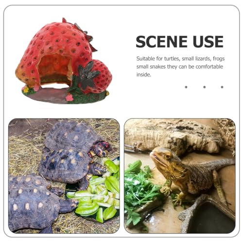 POPETPOP Strawberry Shaped Reptile Hideout Resin Cave for Bearded Dragon Lizard Turtle Habitat Basking Platform Aquarium Decor Shelter 5.11X4.33X4.33In