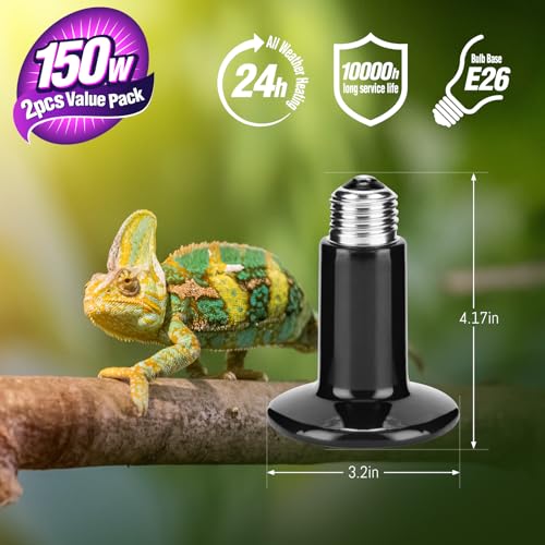Leoterra 150W Ceramic Heat Bulb No-Light Heater for Large Reptile Terrariums - Professional Grade Ceramic Heat Emitter for Iguanas & Monitors 75+ Gallons (2-Pack) - style: 150 watt