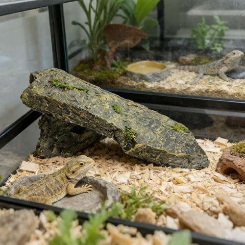Resin Hideout Cave, 10.6 in / 27 cm Reptiles Basking Platform, Aquarium Decor Rock, Smooth Resin Habitat with Gentle Slope, Flat Top, Natural Slate Look for Small Reptiles