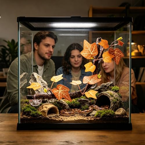 Reptile Tank Branch - 2 Piece Bendable Climbing Vine with Leaves, Suction Cup Artificial Plant Decor, Habitat Accessory | Indoor Reptile Use for Gecko Snake Lizard Frog Bearded Dragon Home