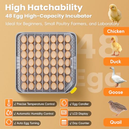 48 Incubators for Hatching Eggs, Egg Incubator with Automatic Egg Turning and Humidity Control, Temp Control, Egg Candler, Auto Water Refilling, Incubator for Chicken Eggs, Duck and Quail Eggs