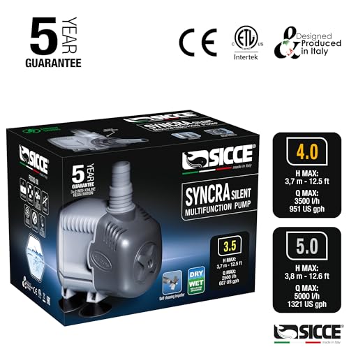 SICCE Syncra Silent 3.5 Multifunction 687 GPH Submersible Water Pump | Italian Made 68W Ultra Quiet Durable Aquarium Fish Tank, Fountain, Pond, Hydroponics, Terrarium Black | Freshwater & Saltwater - size: Syncra Silent 3.5