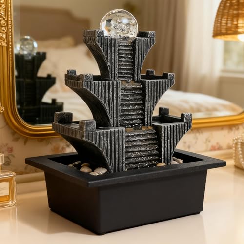 Tabletop Waterfalls Mountain with Pagoda Stepped & Spining Orb, Indoor Soothing Zen Fountain s for Home Office Relaxation - color: Style 4