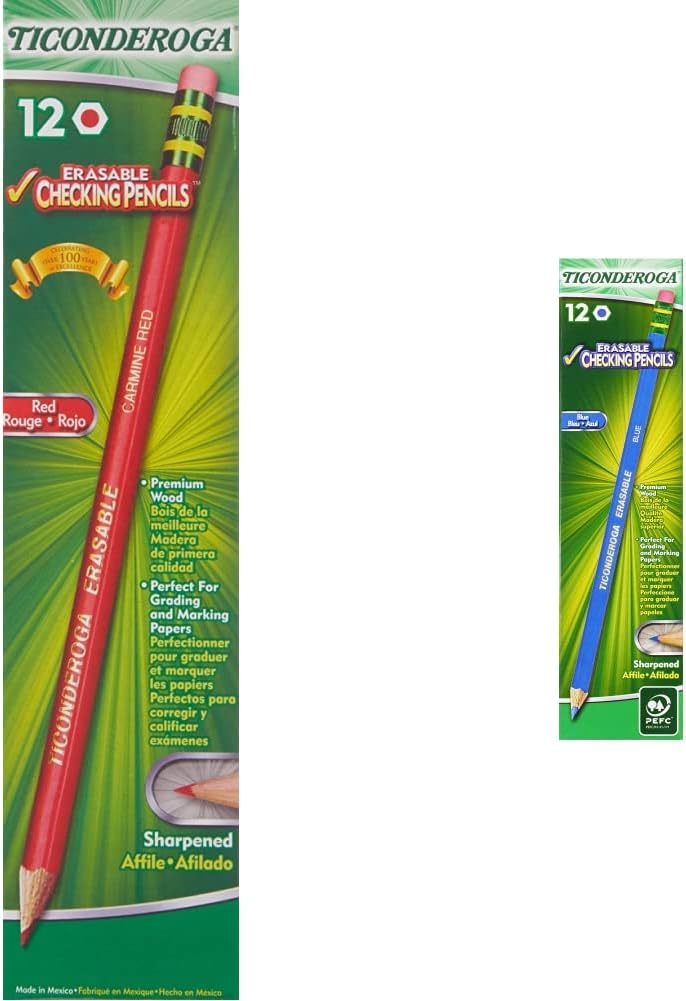 Ticonderoga Erasable Checking Wood-Cased Pencils, Pre-Sharpened, Red, 12 Count