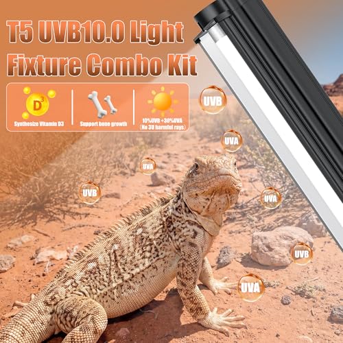 T5 UVB 10.0 Reptile Light Fixture Combo Kit (34Inch) | 21W UVB 10.0 Light Bar with T5 HO Terrarium Hood Light Fixture for Desert Reptiles, Bearded Dragons, Lizards, Tortoises - size: 34Inch