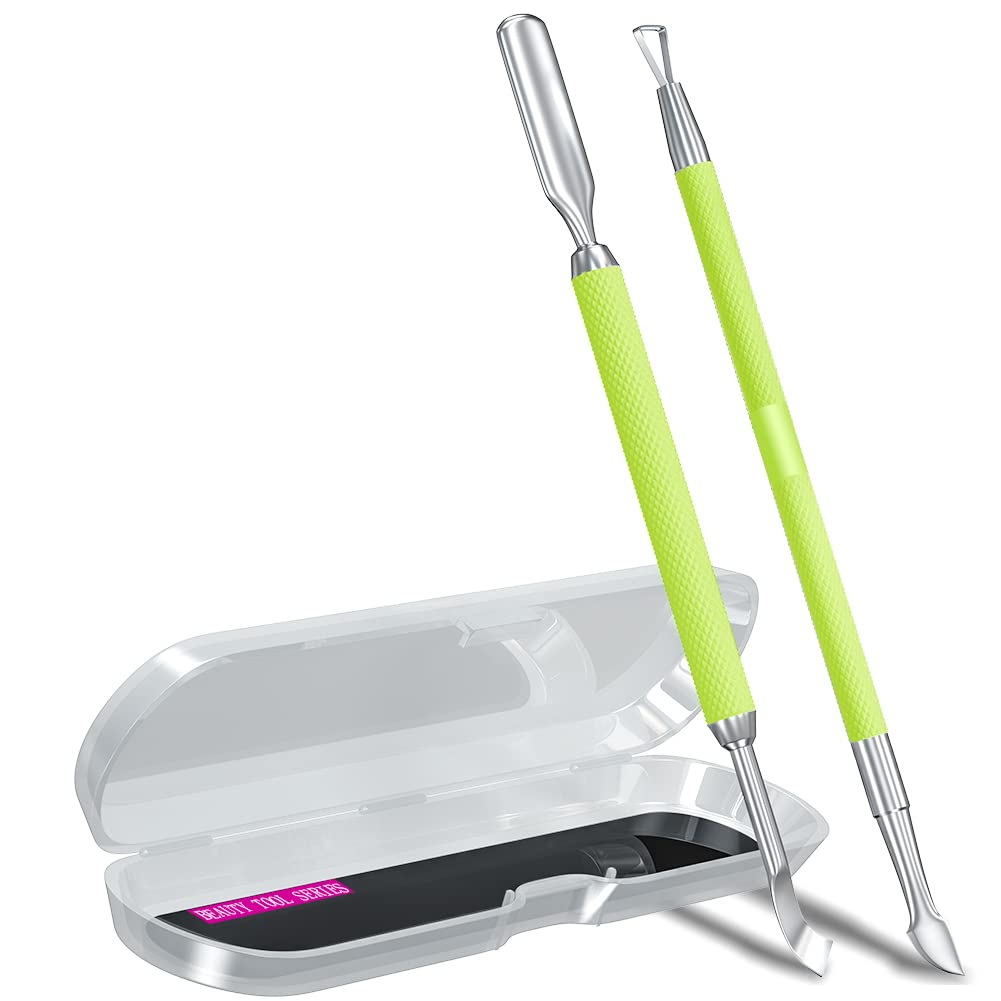 2Pcs Metal Neon Green Cuticle Pusher And Cutter Remover Salon Quality Stainless Steel Gel Nail Polish Peeler Scraper Durable Man
