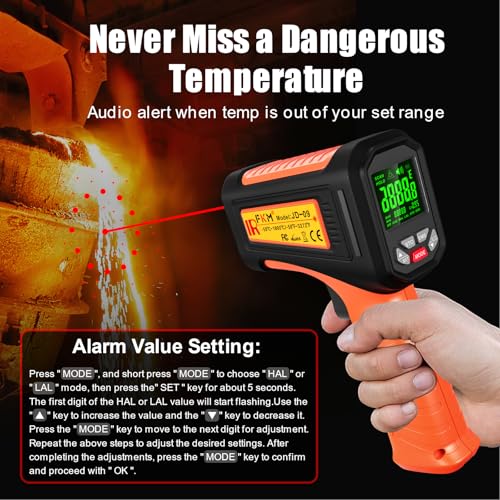 50:1-58°F ~3272°F FKM Infrared Thermometer High Temperature Gun,Non Contact Digital IR Temp Gun,High Precision Laser Thermometer Gun for Cooking,Kilns,Forges,Engine,HVAC,Industrial and Home Repair - color: Orange