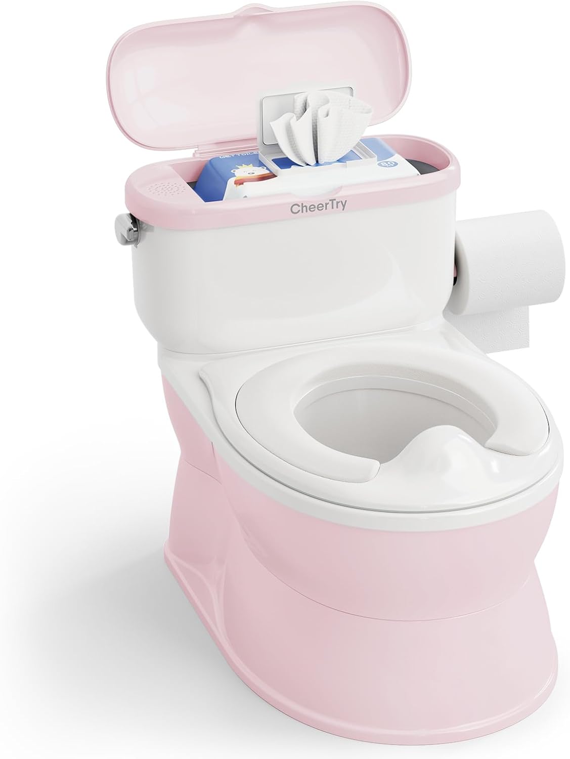 CheerTry 2-in-1 Toddler Potty Training Toilet with Detachable Training Seat | Large Potty Chair, Realistic Flushing Sound for Boys & Girls Ages 1-3 with Wipes Storage, Toilet Paper Holder - Pink